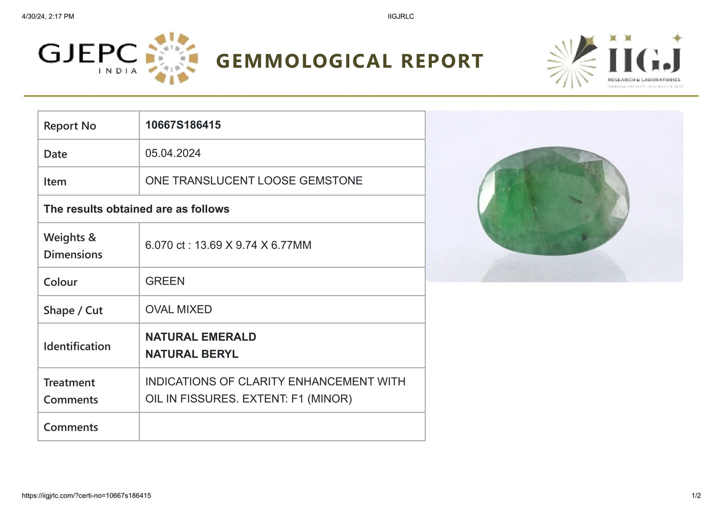 
                    
                      Minor Oil Natural Zambian Emerald (Panna) 6.07 Carats - Media 6
                    
                  
