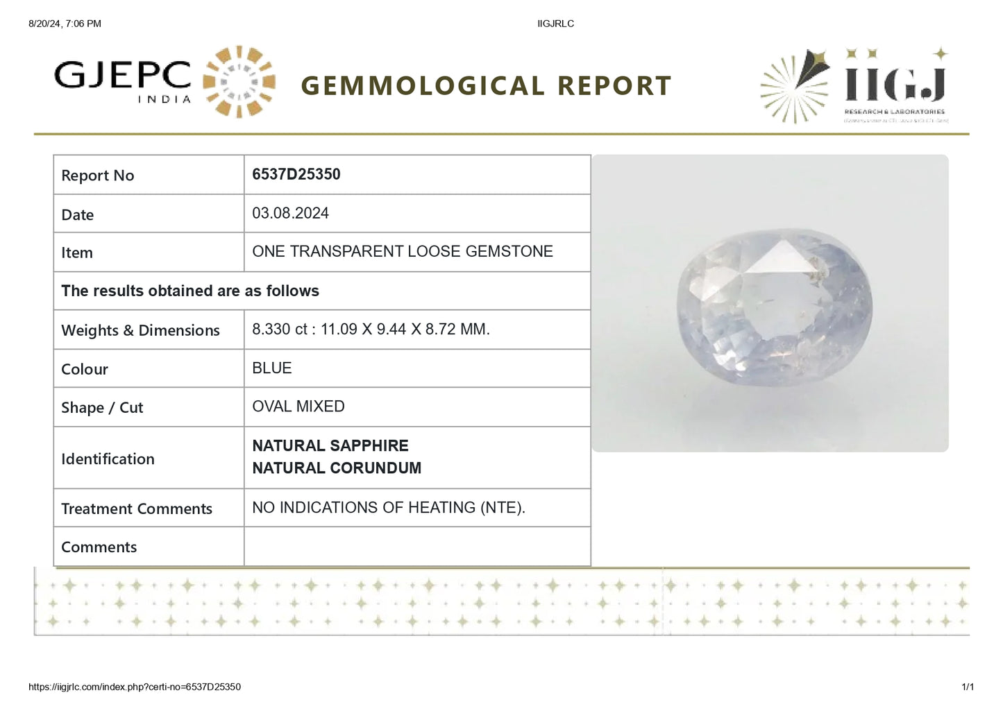
                    
                      Natural Blue Sapphire (Neelam) 8.33 Carats - Media 6
                    
                  