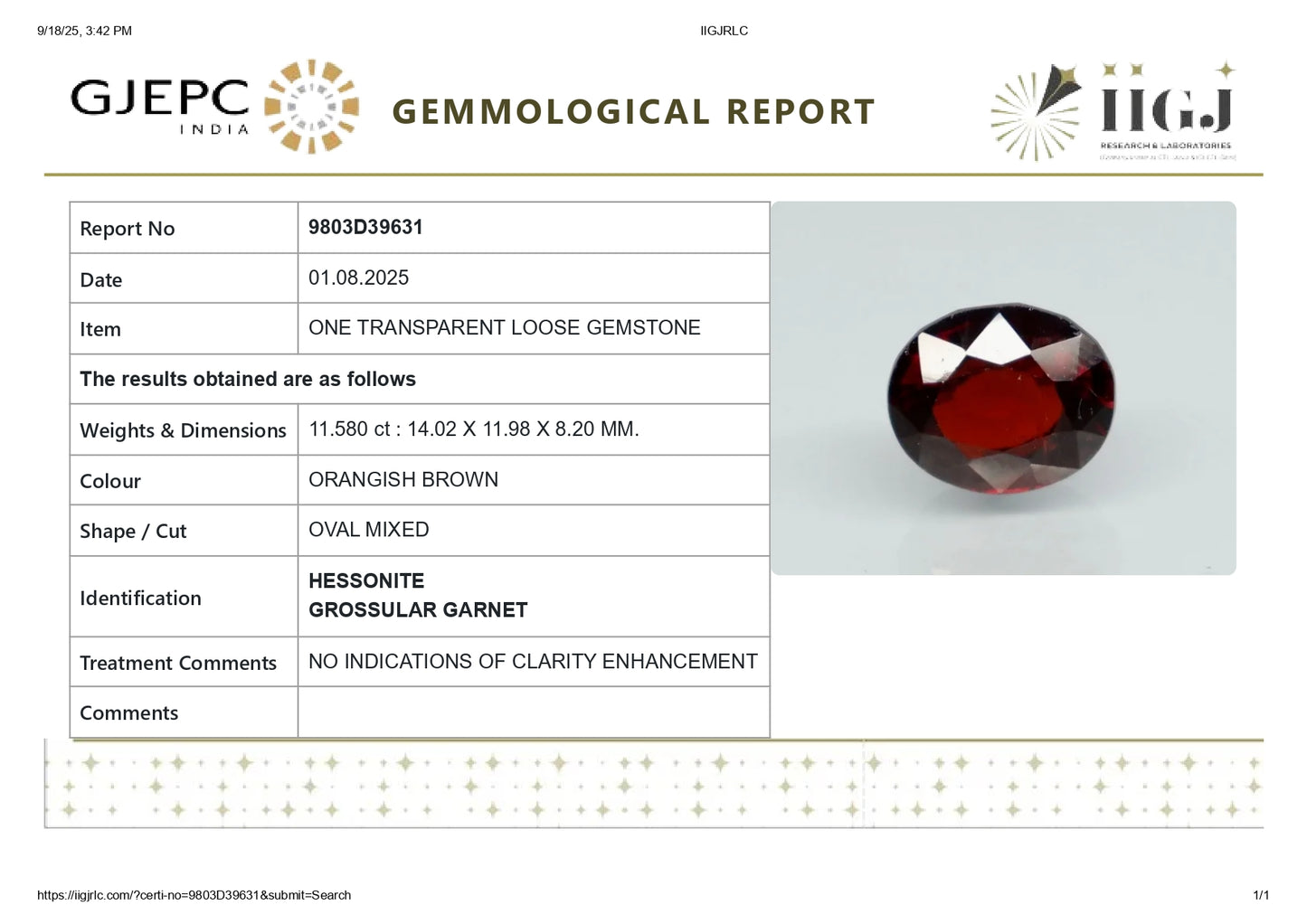 
                    
                      NATURAL HESSONITE (GOMED) 11.58 CARATS - Media 6
                    
                  