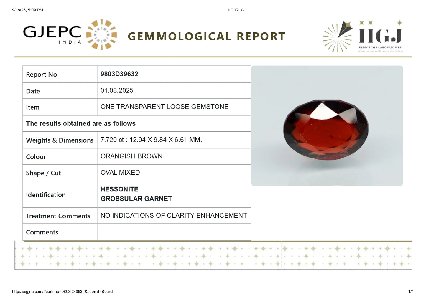 
                    
                      NATURAL HESSONITE (GOMED) 7.72 CARATS - Media 6
                    
                  
