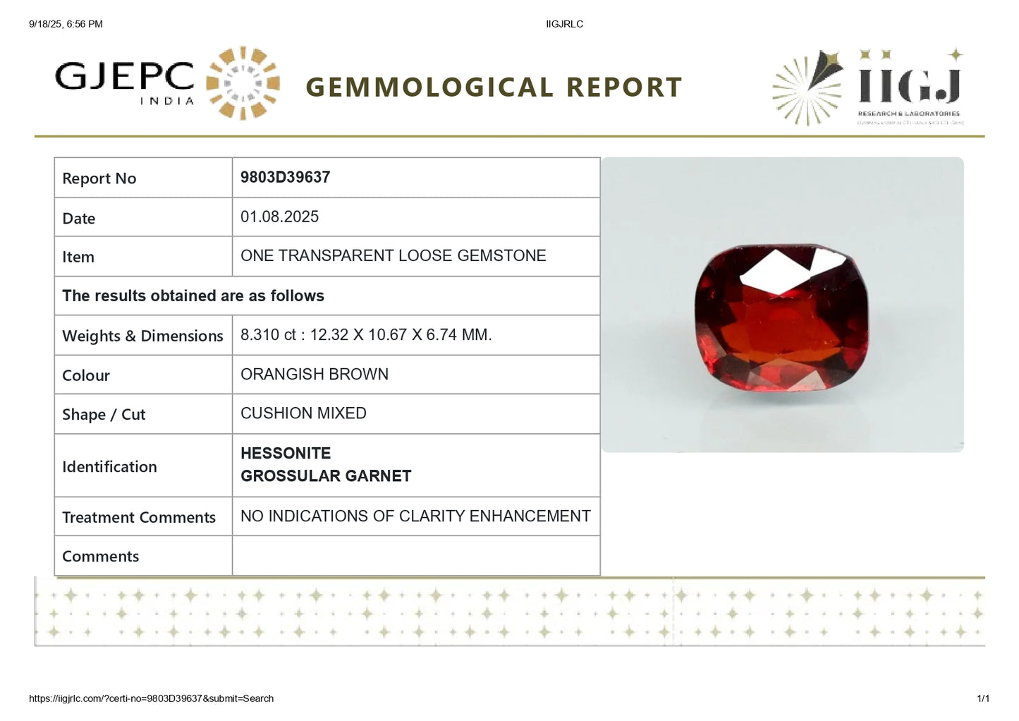 
                    
                      NATURAL HESSONITE (GOMED) 8.31 CARATS - Media 6
                    
                  