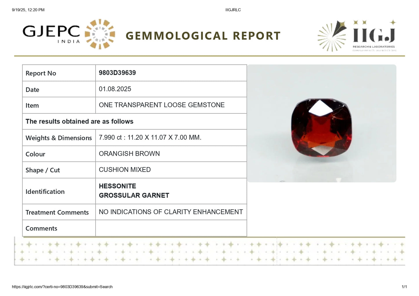 
                    
                      NATURAL HESSONITE (GOMED) 7.99 CARATS - Media 6
                    
                  