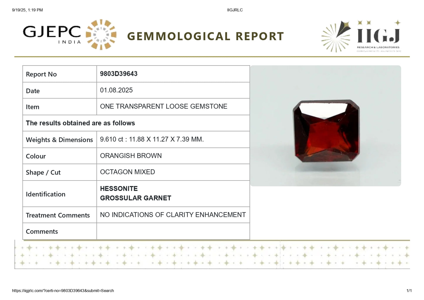
                    
                      NATURAL HESSONITE (GOMED) 9.61 CARATS - Media 6
                    
                  