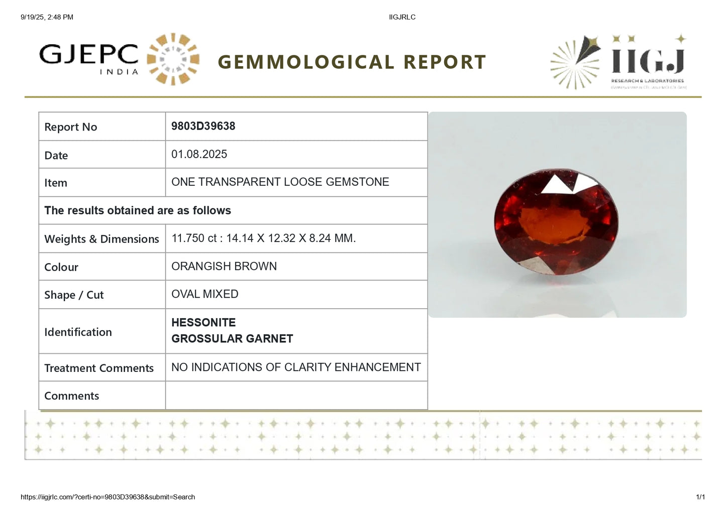 
                    
                      NATURAL HESSONITE (GOMED) 11.75 CARATS - Media 6
                    
                  