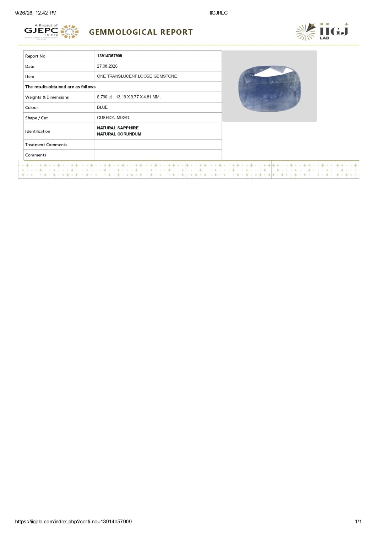 Natural Blue Sapphire 6.79 Carats