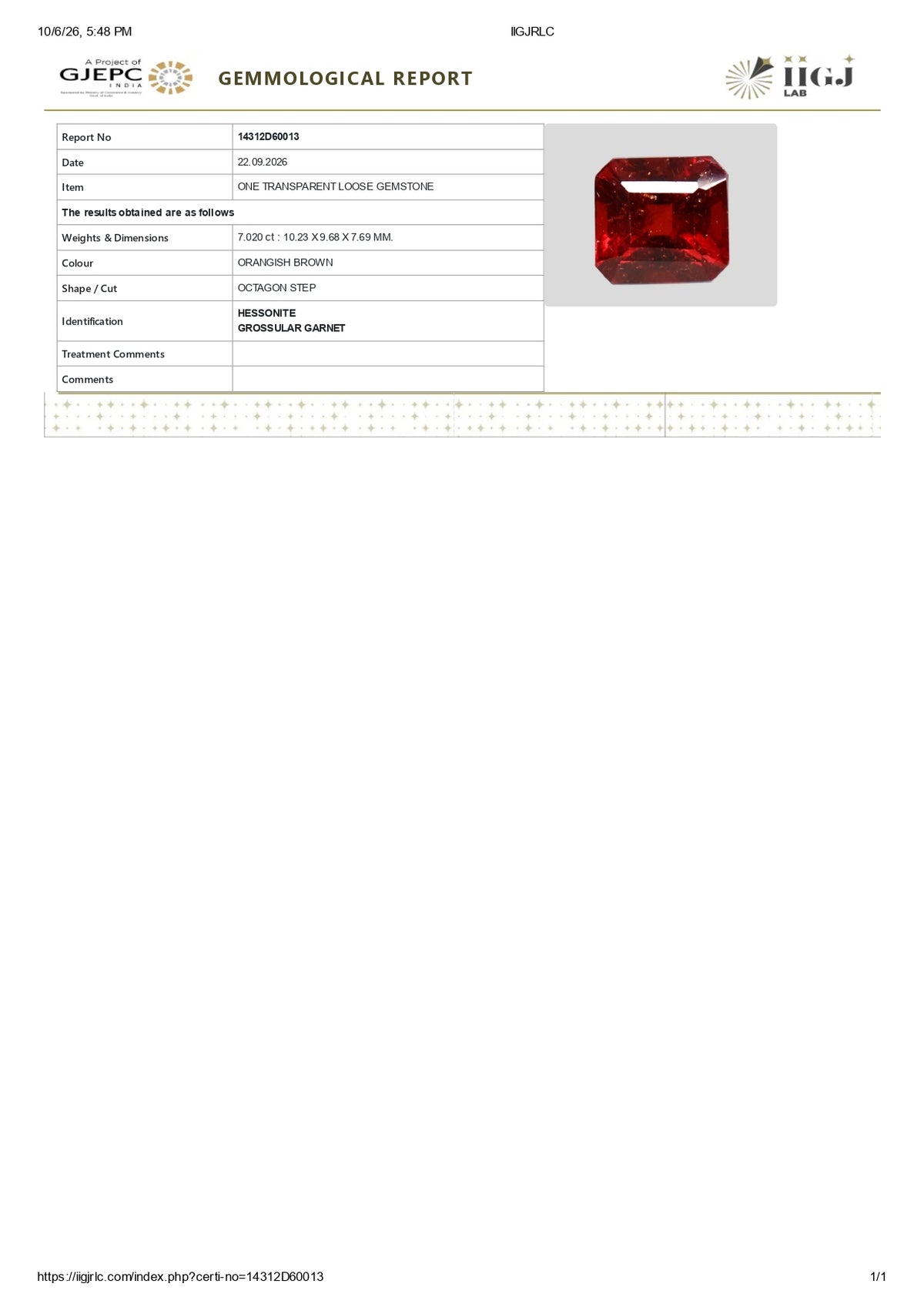 Sri-Lankan Hessonite (Gomed) 7.02 Carats
