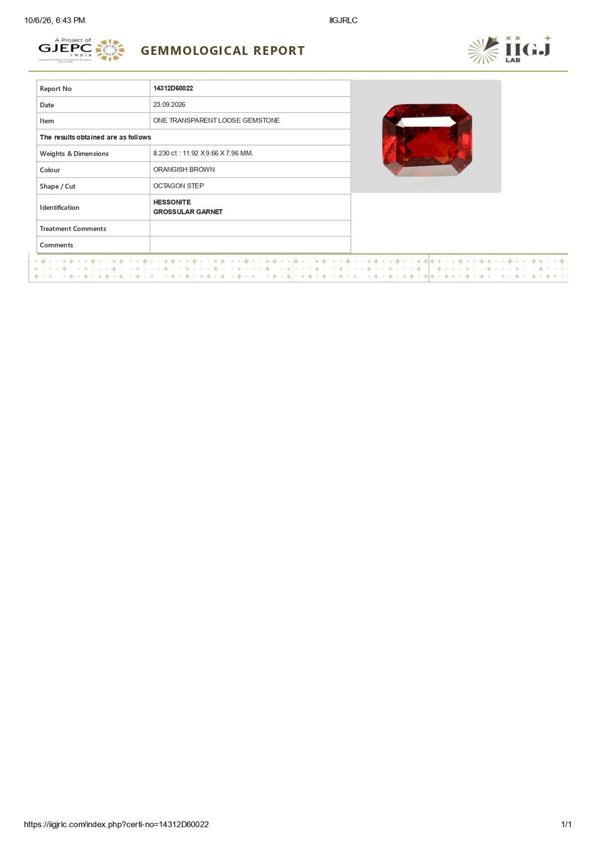 Sri-Lankan Hessonite (Gomed) 8.23 Carats