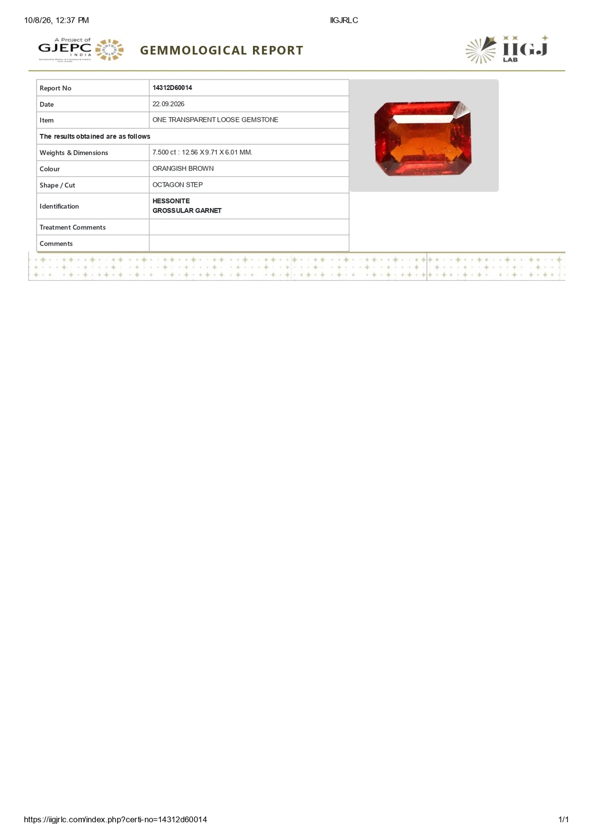 Sri-Lankan Hessonite (Gomed) 7.50 Carats