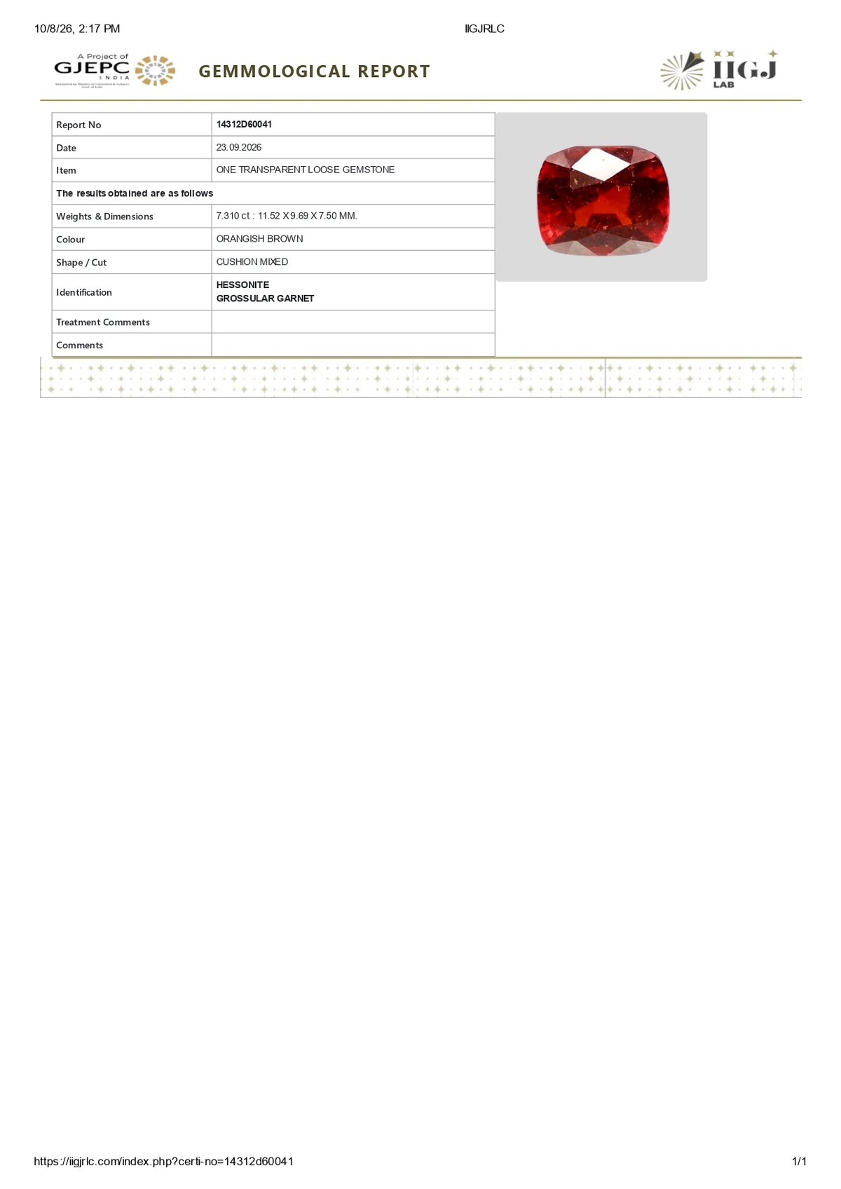 Sri-Lankan Hessonite (Gomed) 7.31 Carats