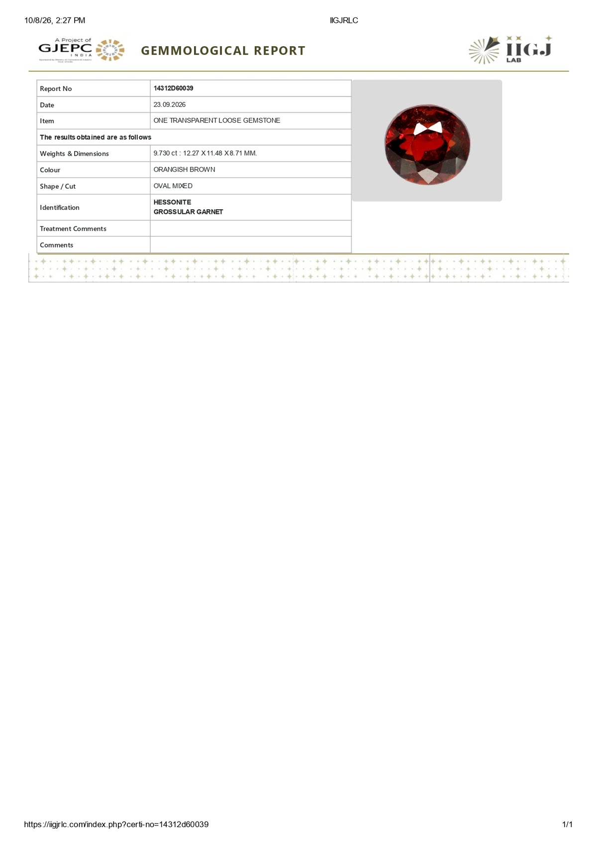 Sri-Lankan Hessonite (Gomed) 9.73 Carats