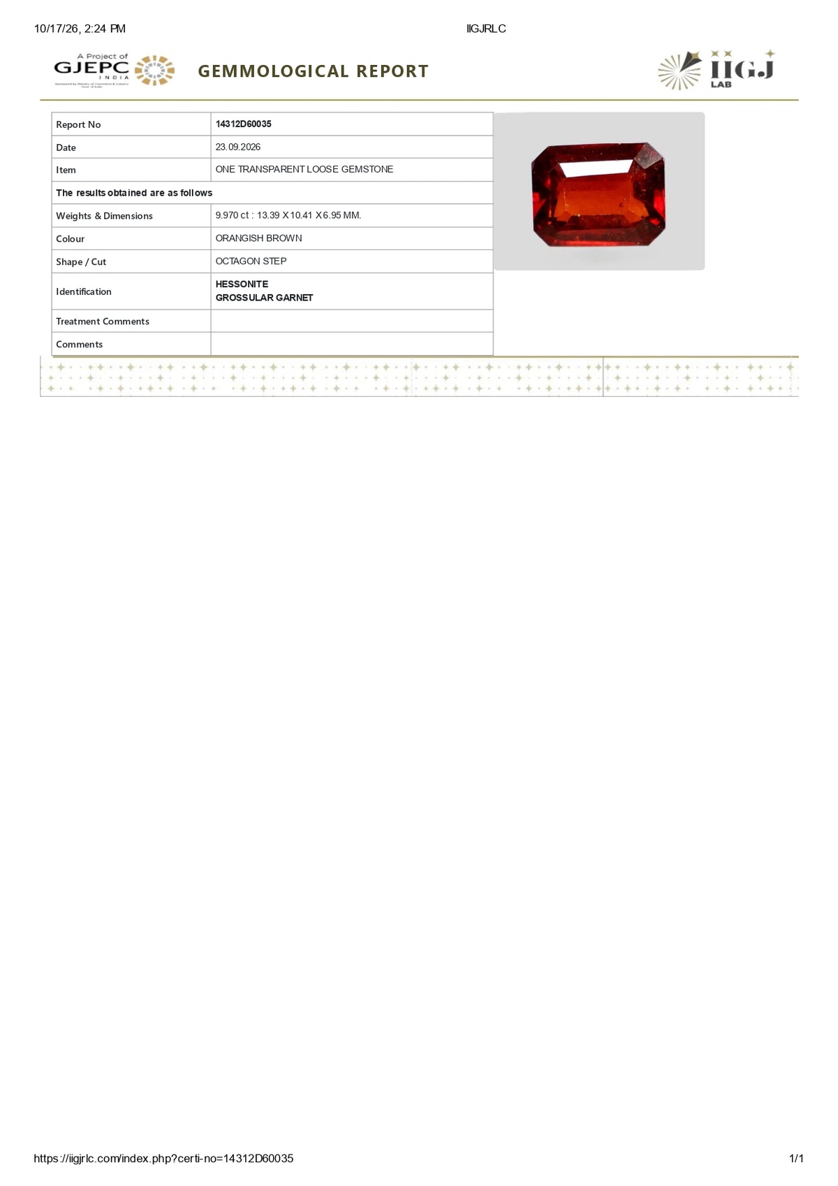 Sri-Lankan Hessonite (Gomed) 9.97 Carats