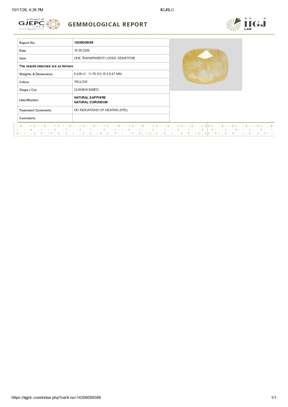 Natural Yellow Sapphire (Pukhraj) 6.43 Carats