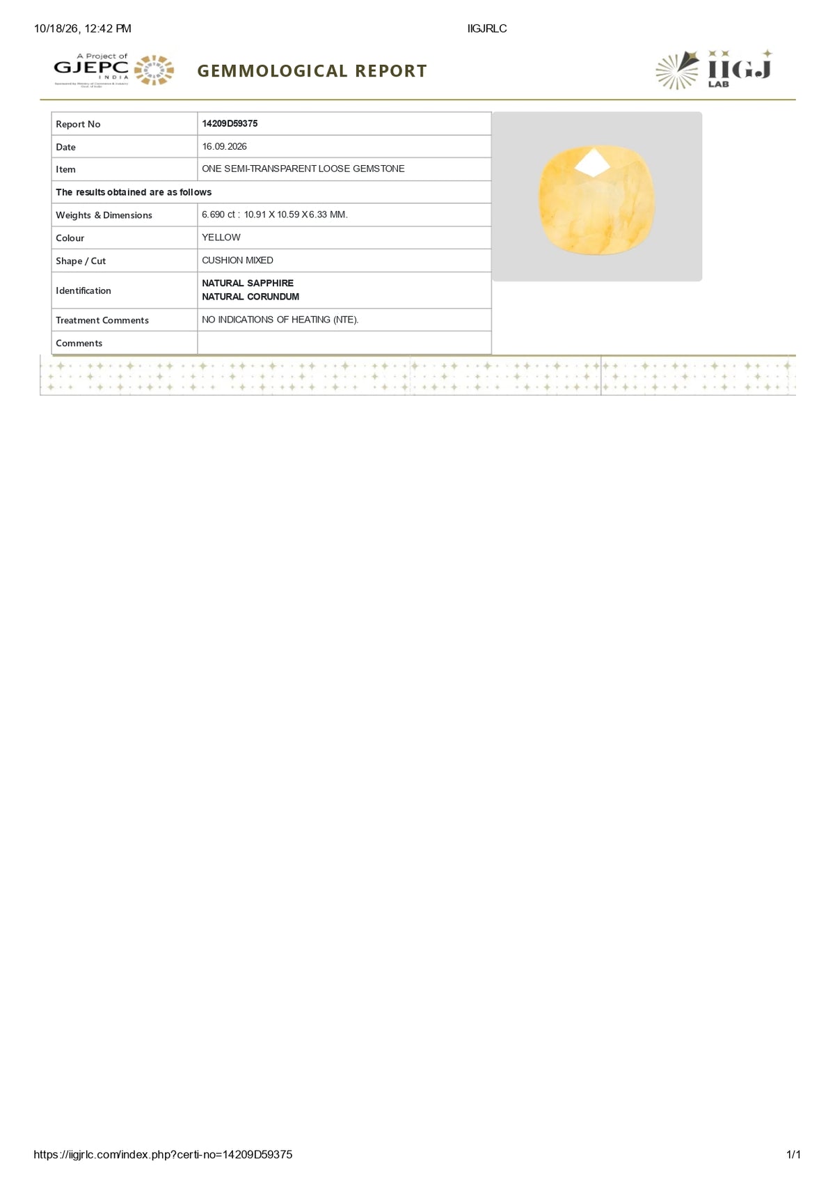 Natural Yellow Sapphire (Pukhraj) 6.69 Carats