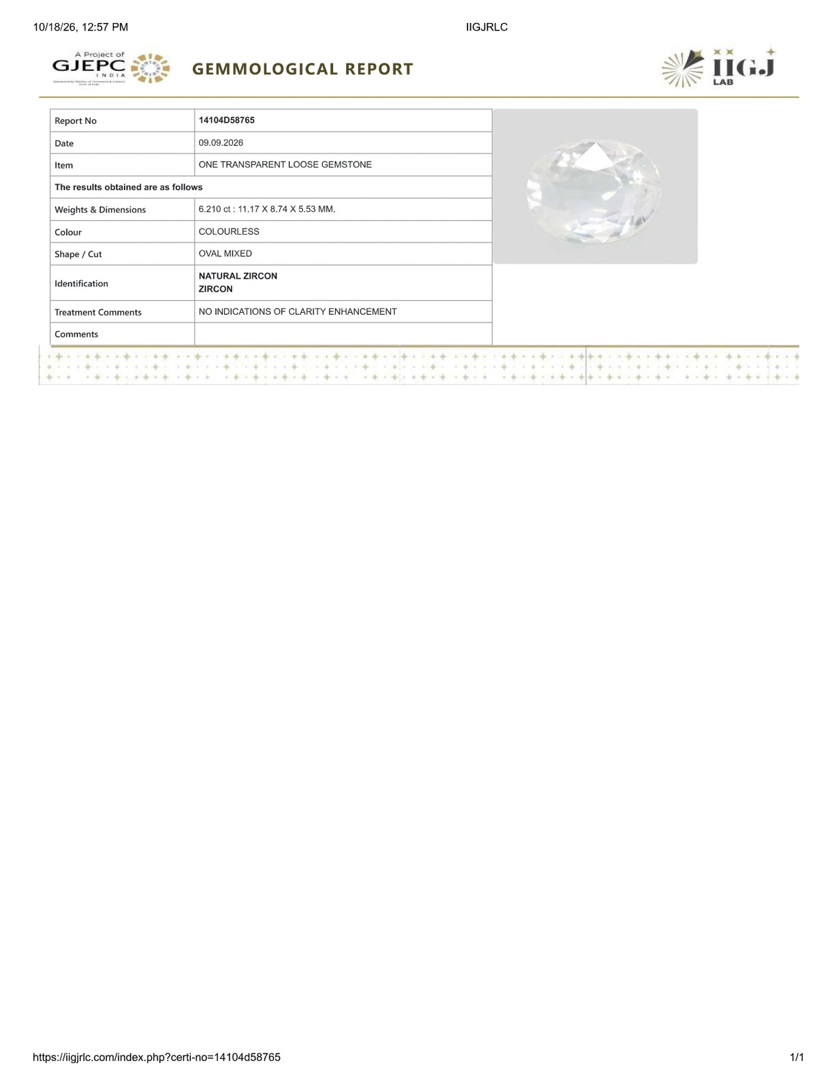 Natural Zircon 6.21 Carats / 6.9 Ratti