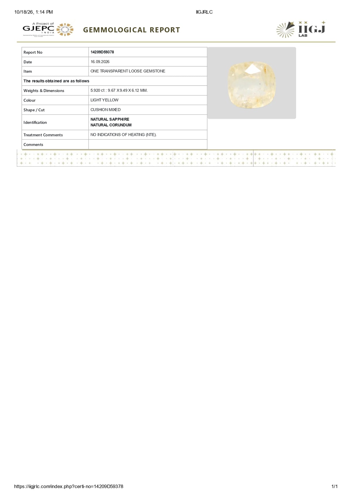 Natural Yellow Sapphire (Pukhraj) 5.92 Carats