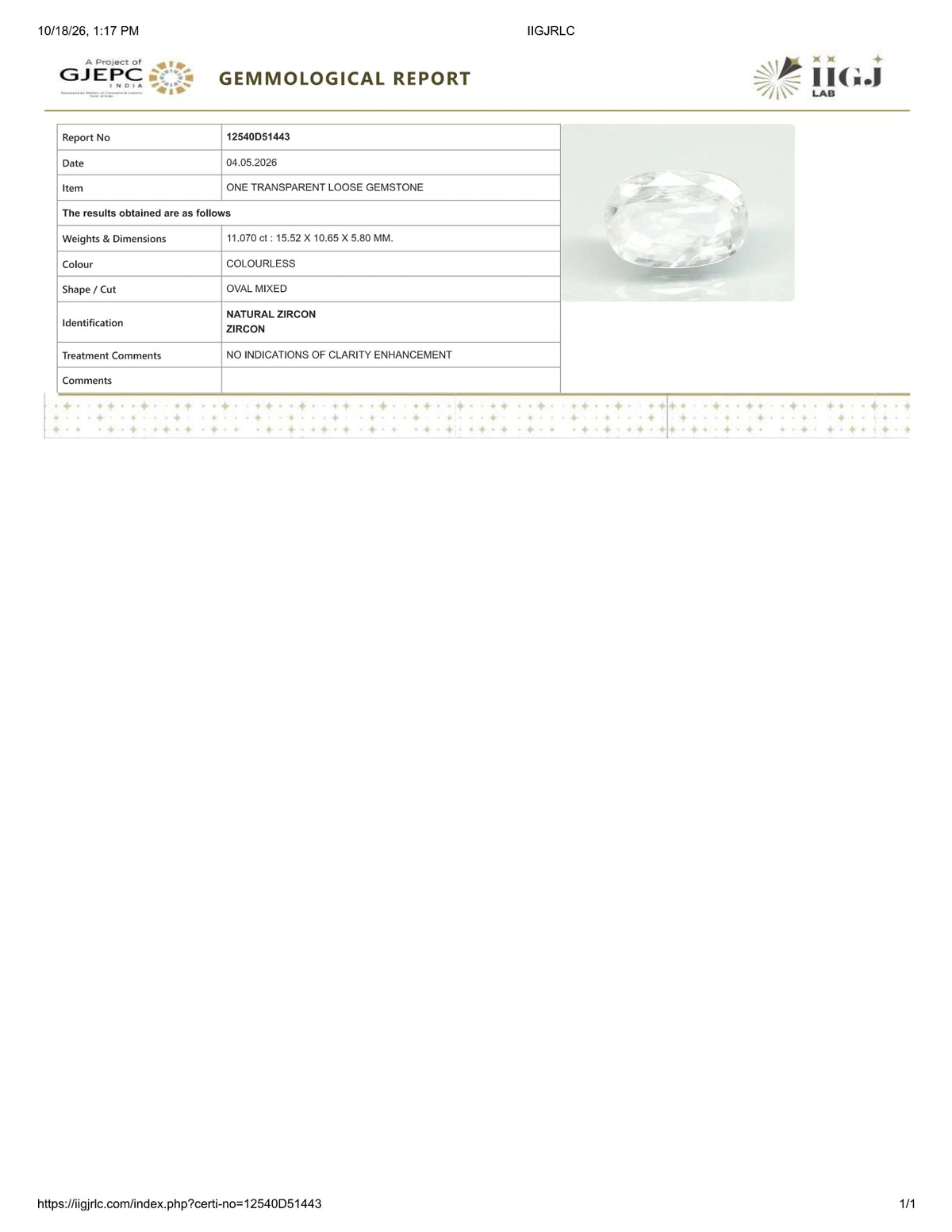 Natural Zircon 11.07 Carats / 12.3 Ratti