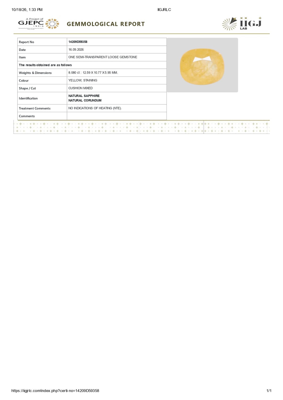 Natural Yellow Sapphire (Pukhraj) 8.08 Carats