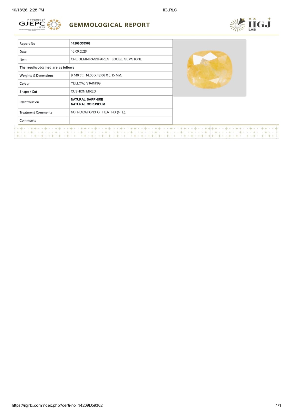 Natural Yellow Sapphire (Pukhraj) 9.14 Carats
