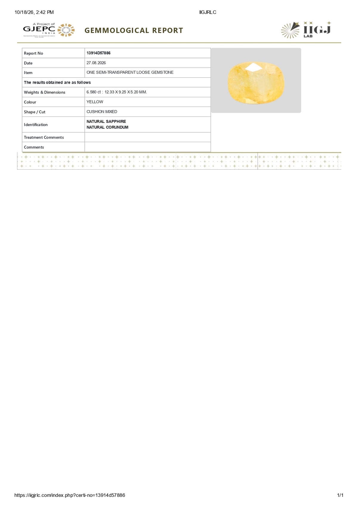 Natural Yellow Sapphire (Pukhraj) 6.58 Carats