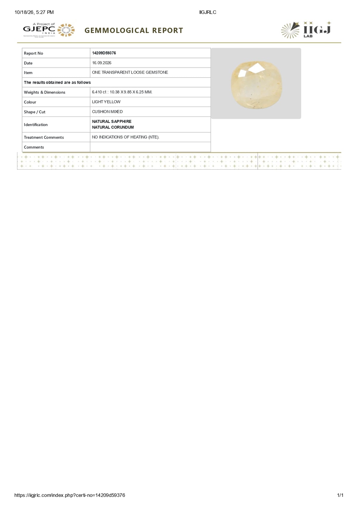 Natural Yellow Sapphire (Pukhraj) 6.41 Carats