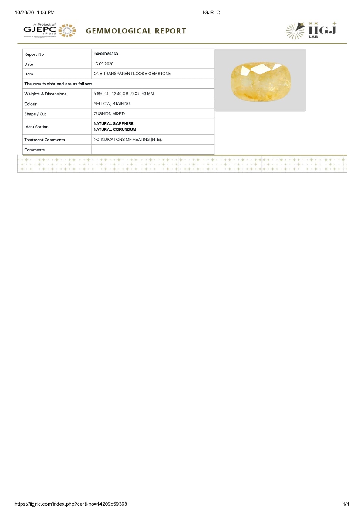 Natural Yellow Sapphire (Pukhraj) 5.69 Carats