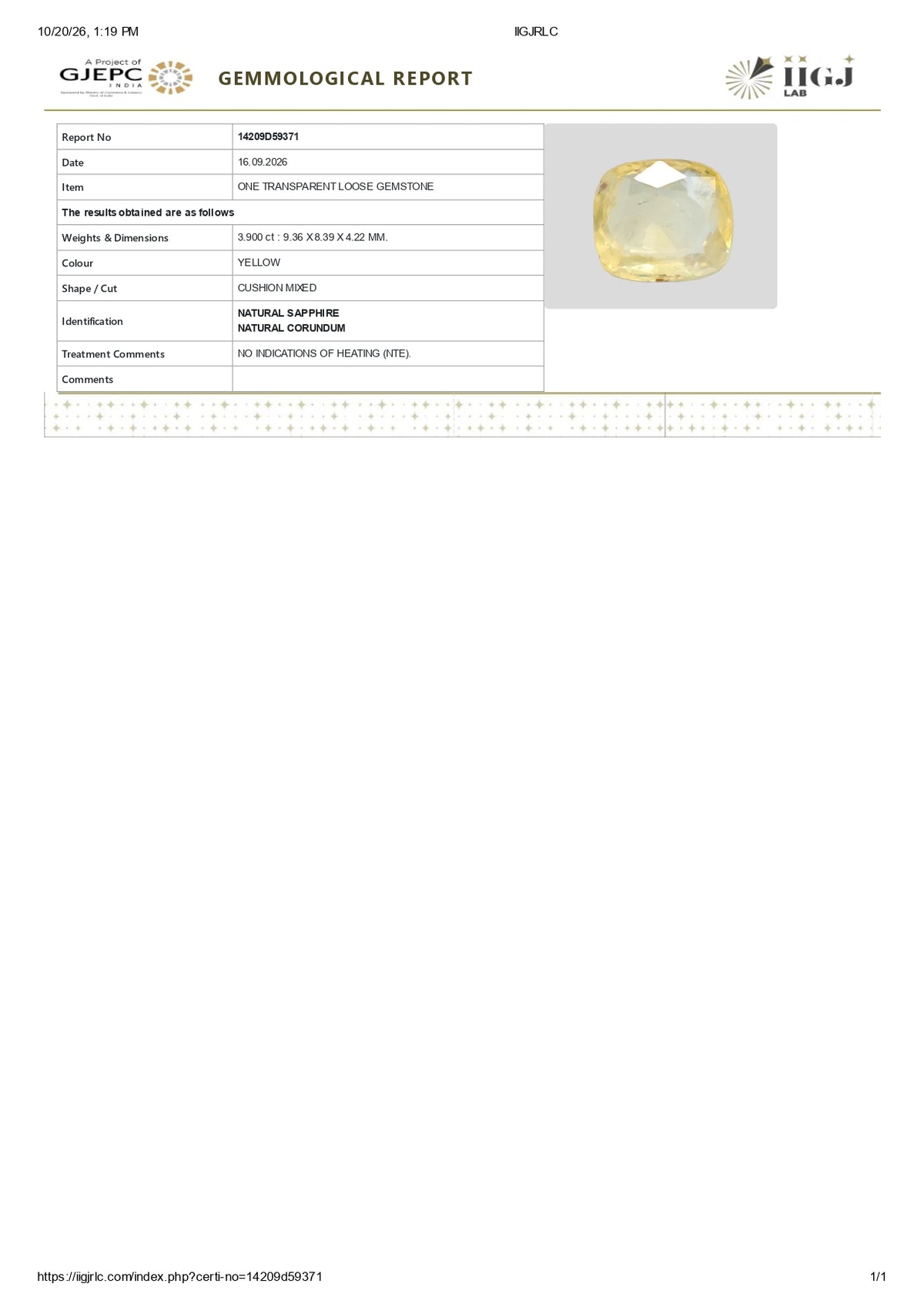 Natural Yellow Sapphire (Pukhraj) 3.90 Carats