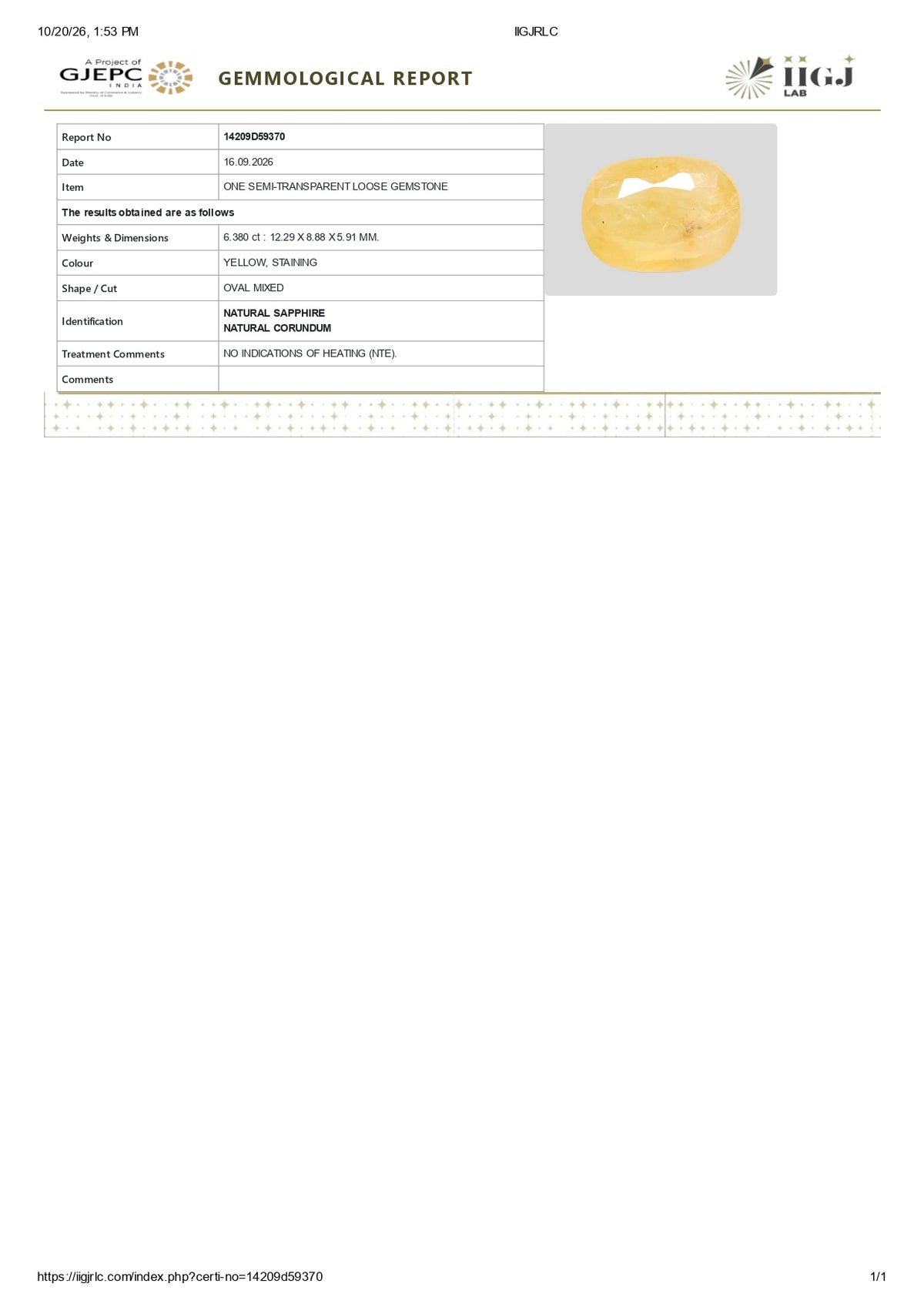 Natural Yellow Sapphire (Pukhraj) 6.38 Carats