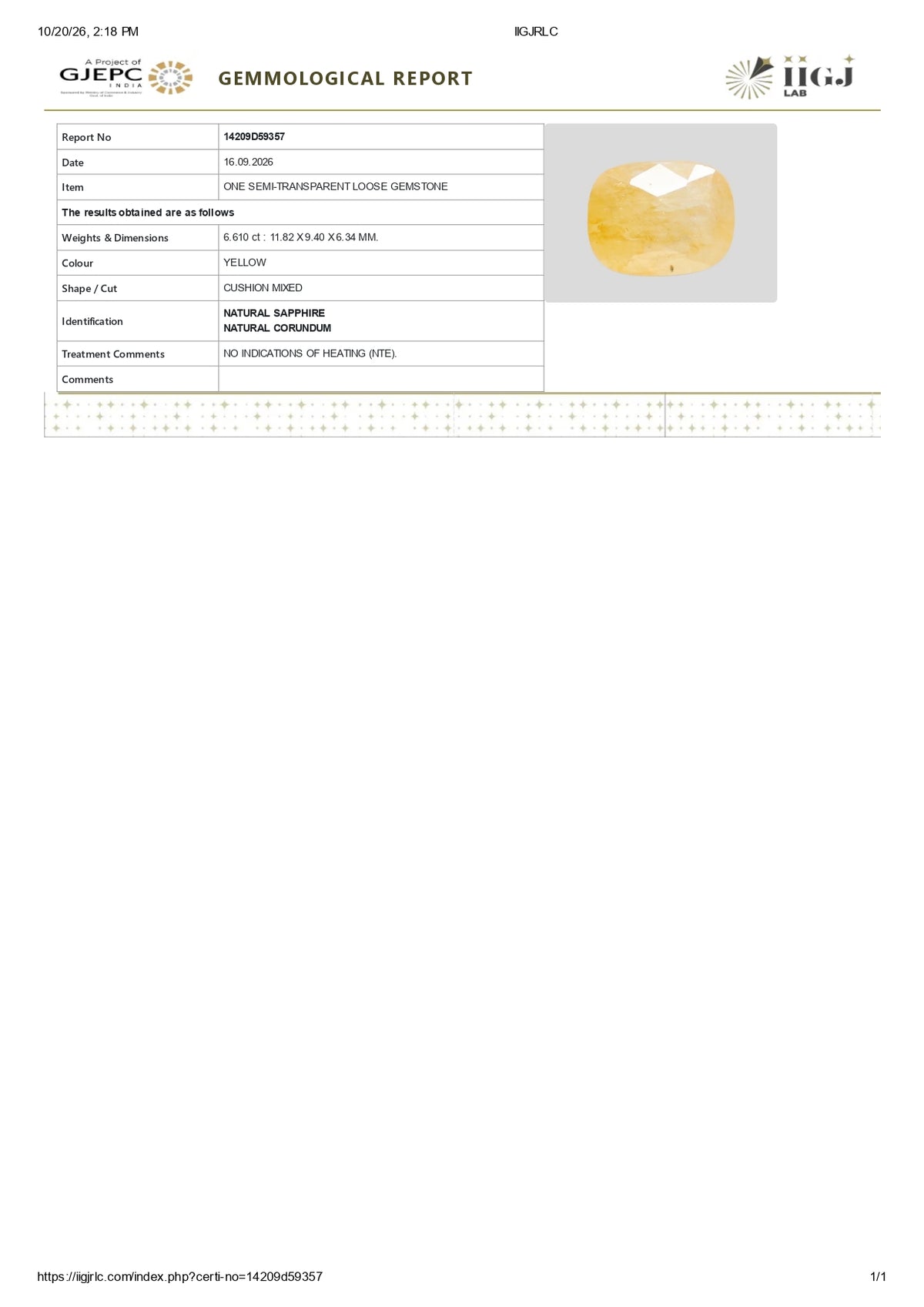 Natural Yellow Sapphire (Pukhraj) 6.61 Carats