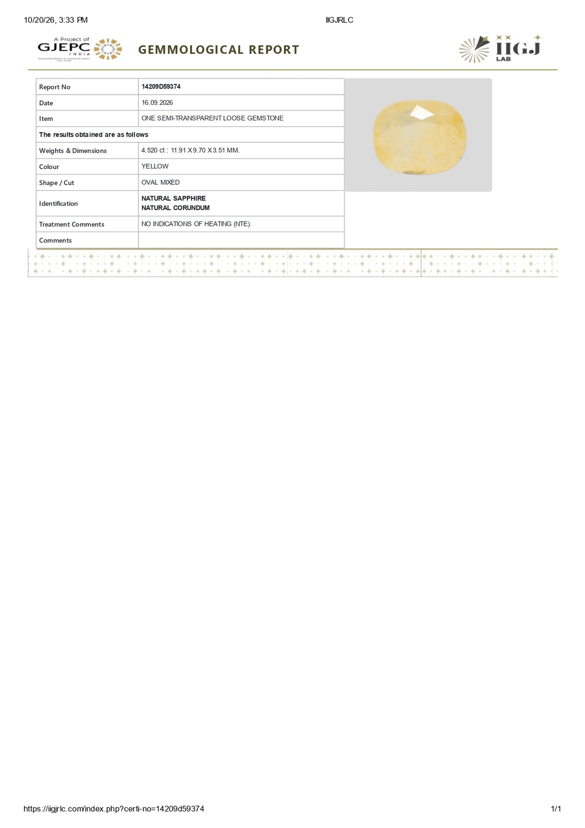 Natural Yellow Sapphire (Pukhraj) 4.52 Carats