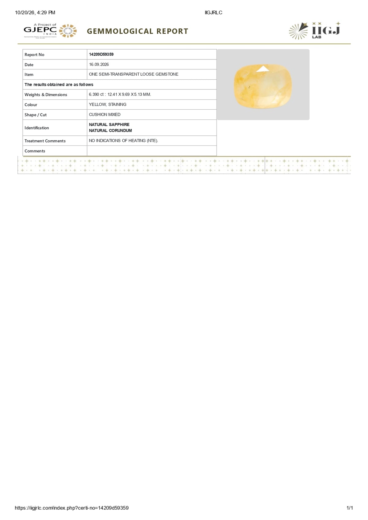 Natural Yellow Sapphire (Pukhraj) 6.39 Carats