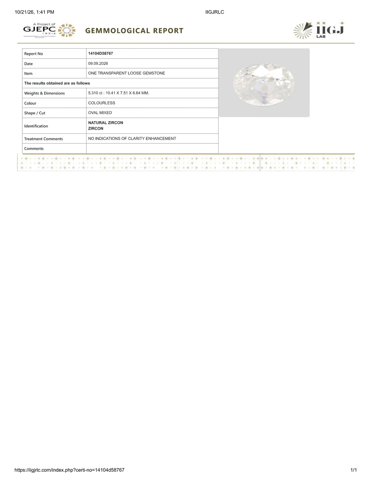 Natural Zircon 5.31Carats / 5.9 ratti