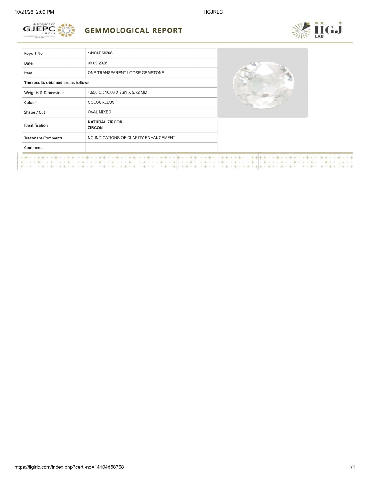 Natural Zircon 4.95 Carats / 5.5 Ratti