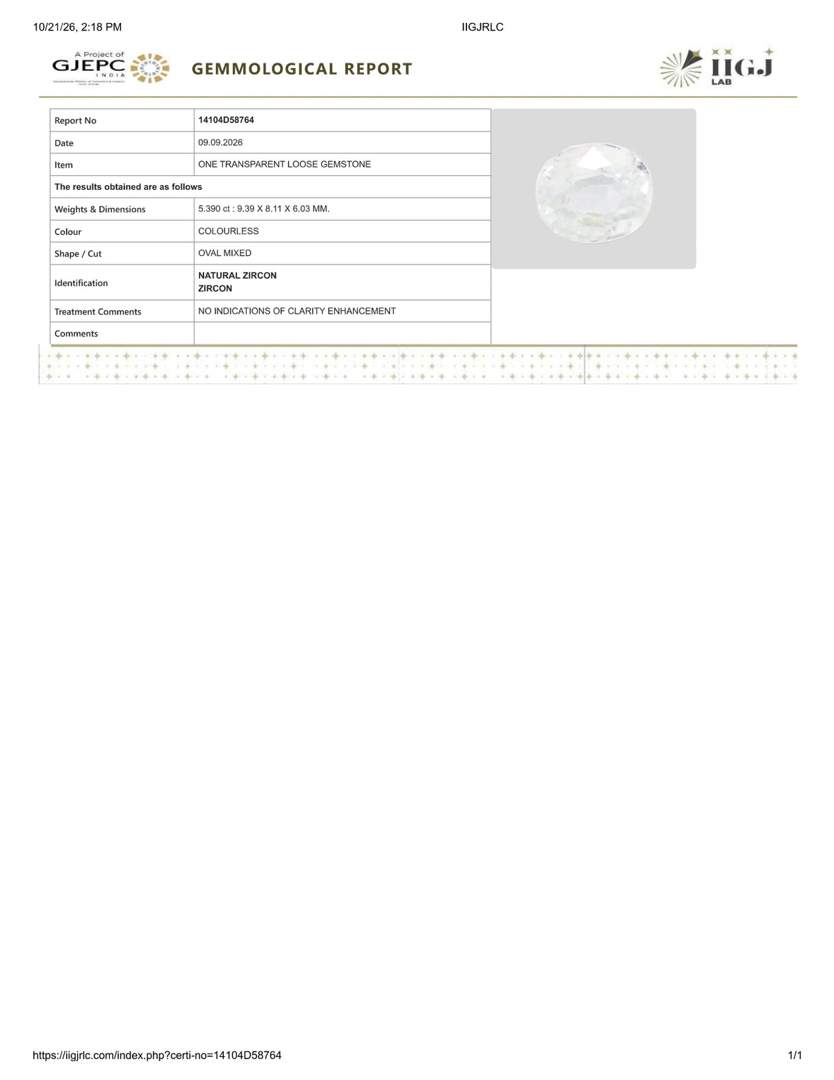 Natural Zircon 5.39 Carats / 5.99 Ratti