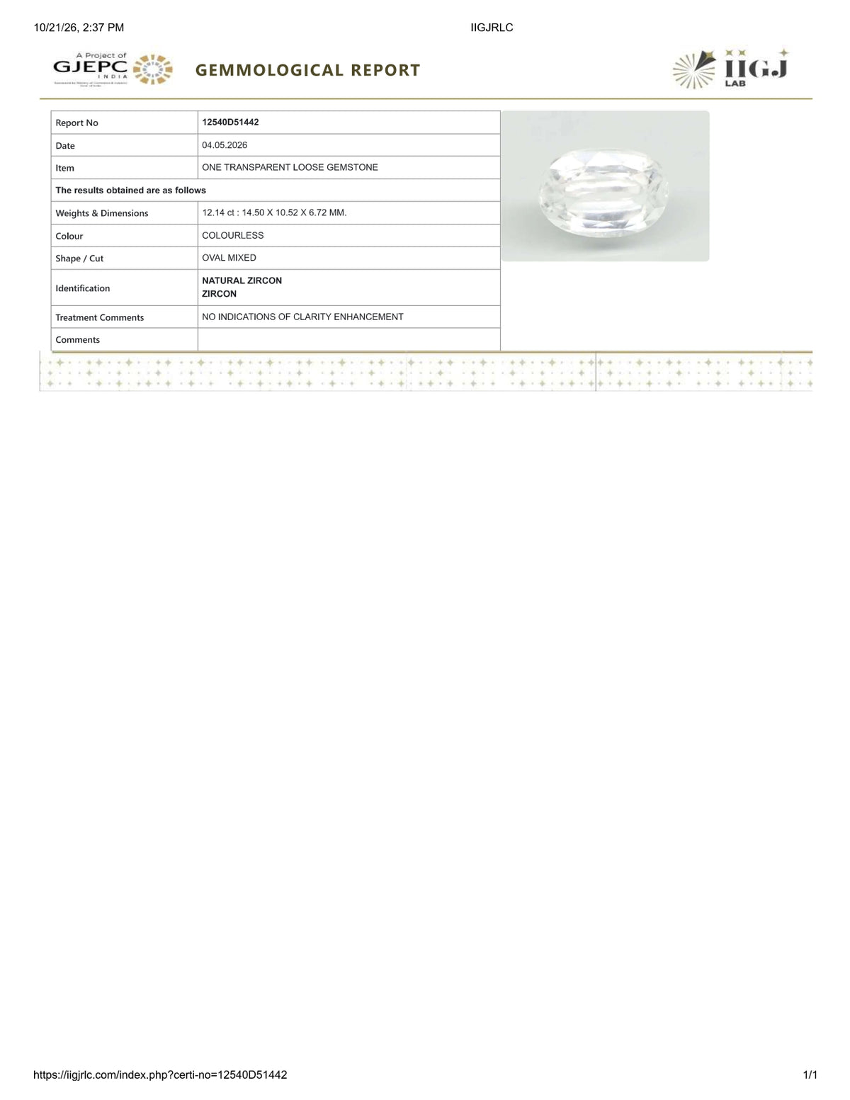 Natural Zircon 12.14 Carats / 13.49 Ratti