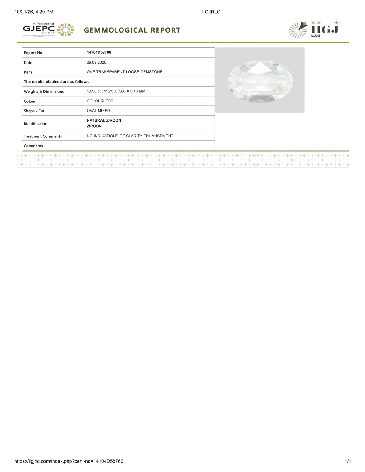 Natural Zircon 5.09 Carats / 5.65 Ratti