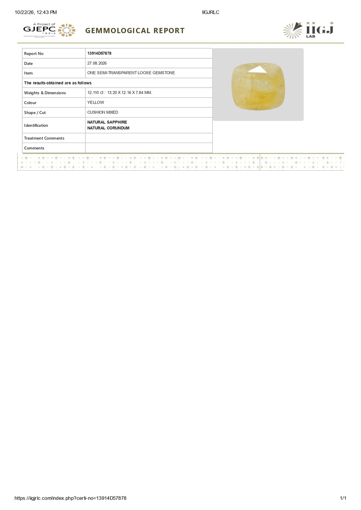 Natural Yellow Sapphire (Pukhraj) 12.11 Carats