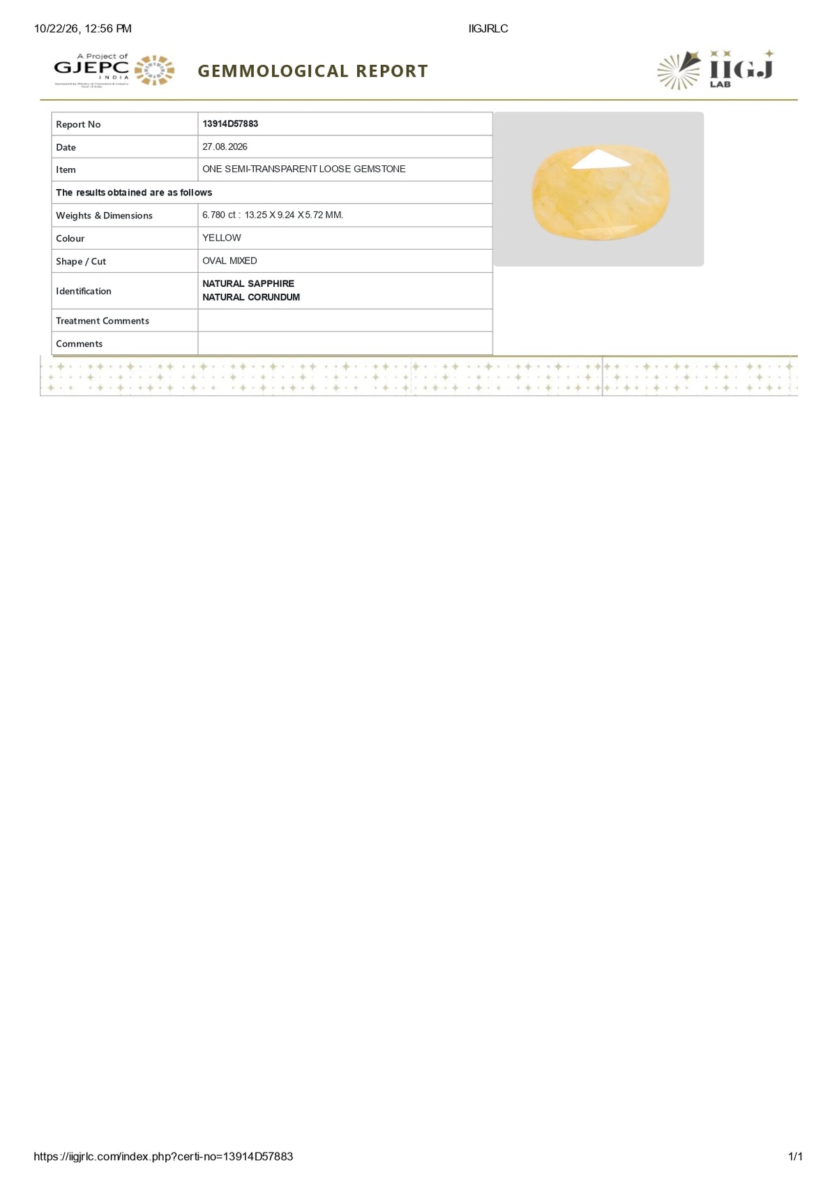 Natural Yellow Sapphire (Pukhraj) 6.78 Carats