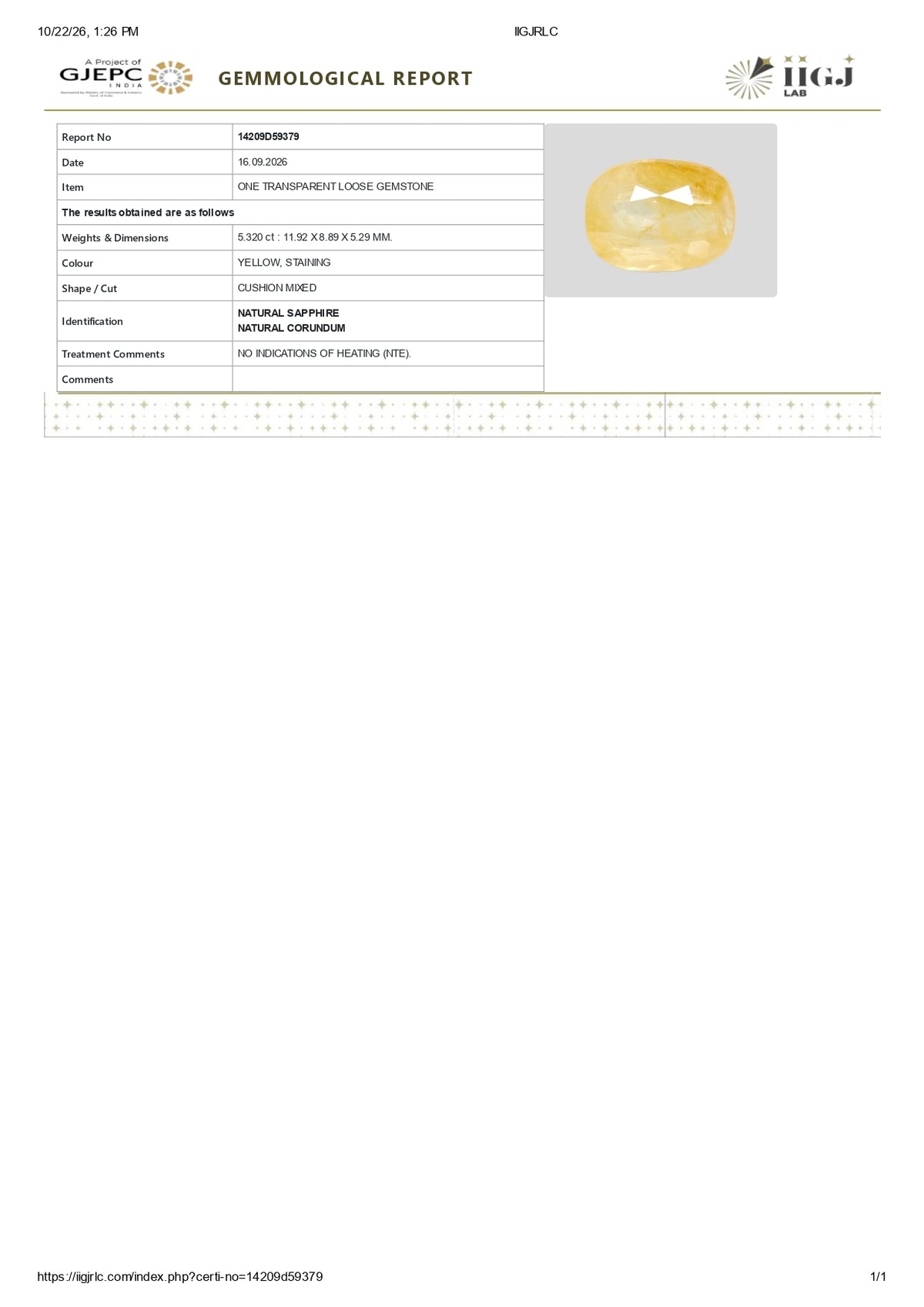 Natural Yellow Sapphire (Pukhraj) 5.32 Carats
