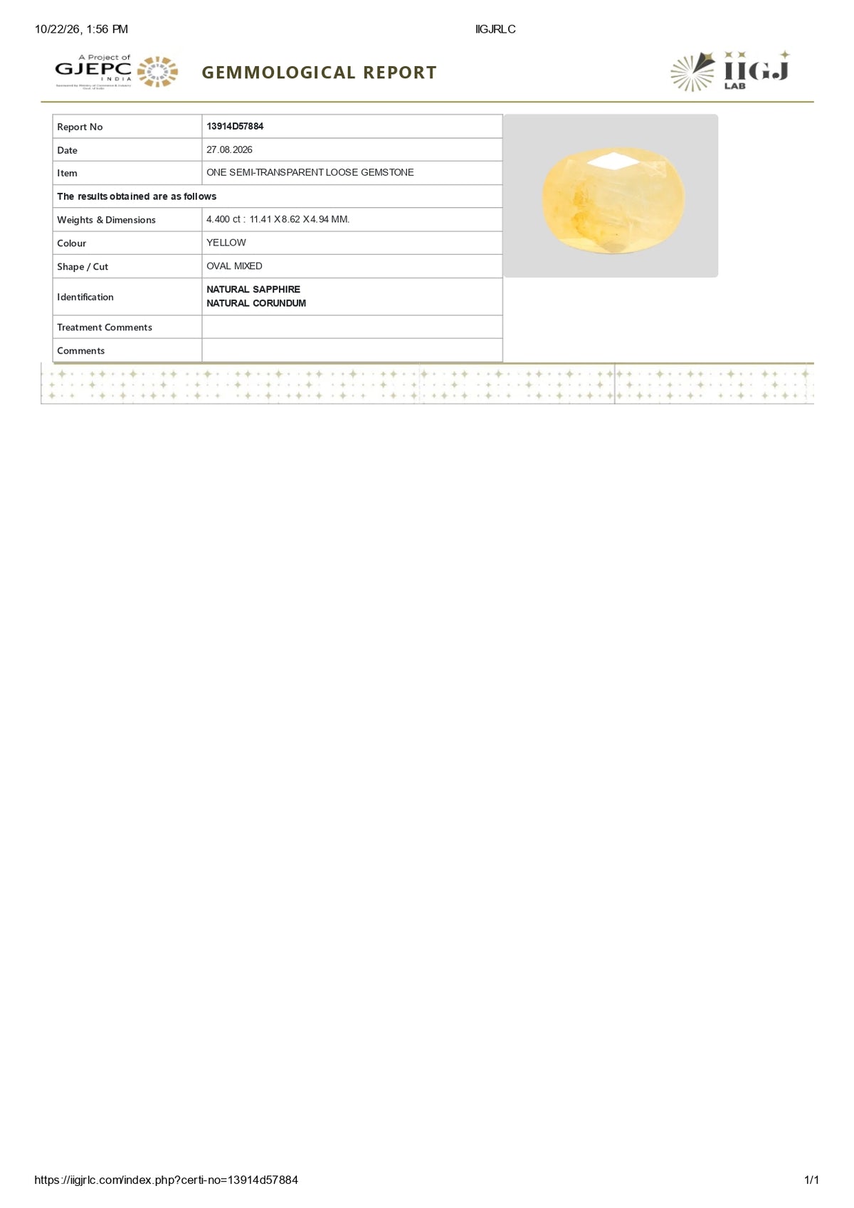 Natural Yellow Sapphire (Pukhraj) 4.40 Carats