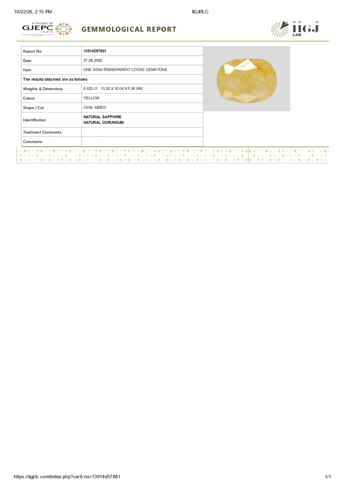 Natural Yellow Sapphire (Pukhraj) 6.62 Carats