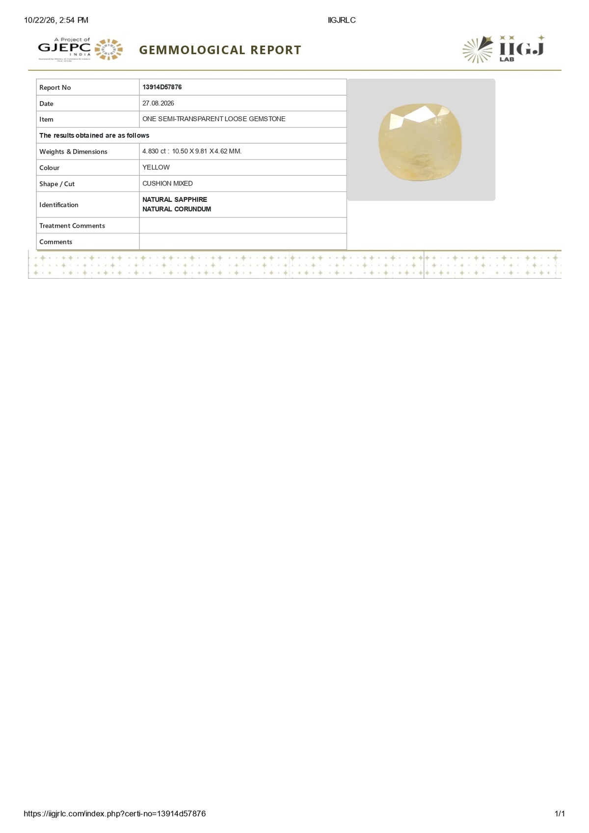 Natural Yellow Sapphire (Pukhraj) 4.83 Carats