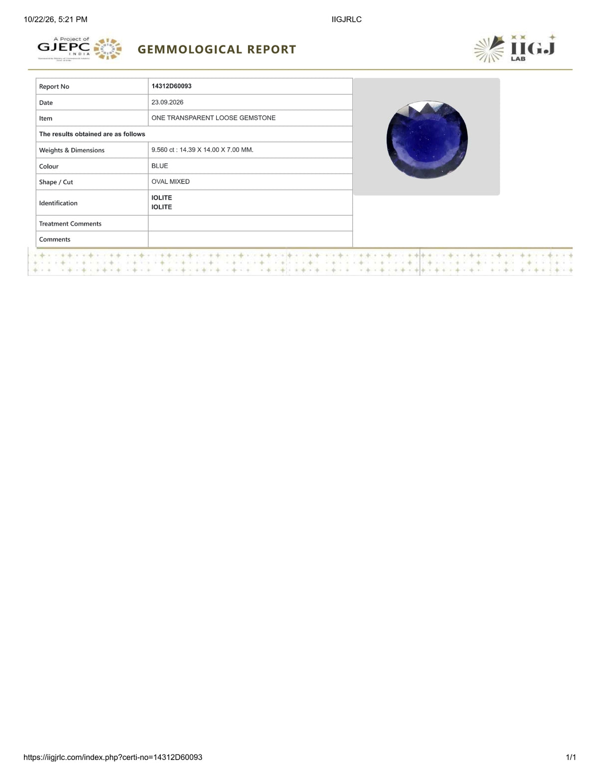 Natural Iolite(Neeli) 9.56Carats / 10.62 Ratti