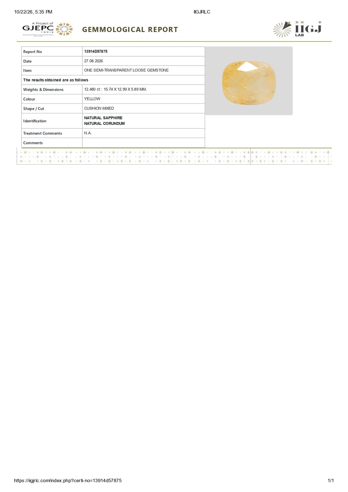 Natural Yellow Sapphire (Pukhraj) 12.48 Carats