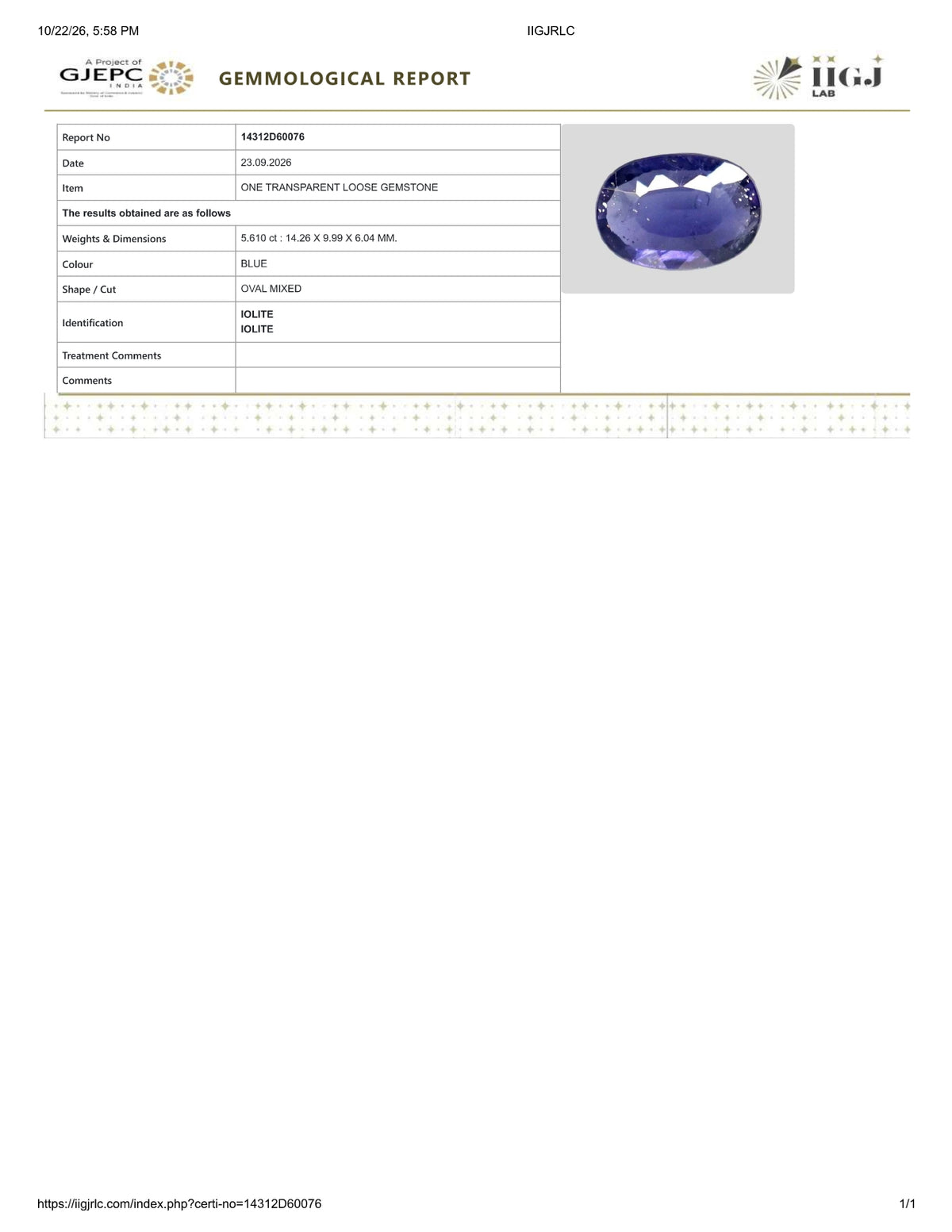Natural Iolite(Neeli) 5.61 Carats / 6.23 Ratti