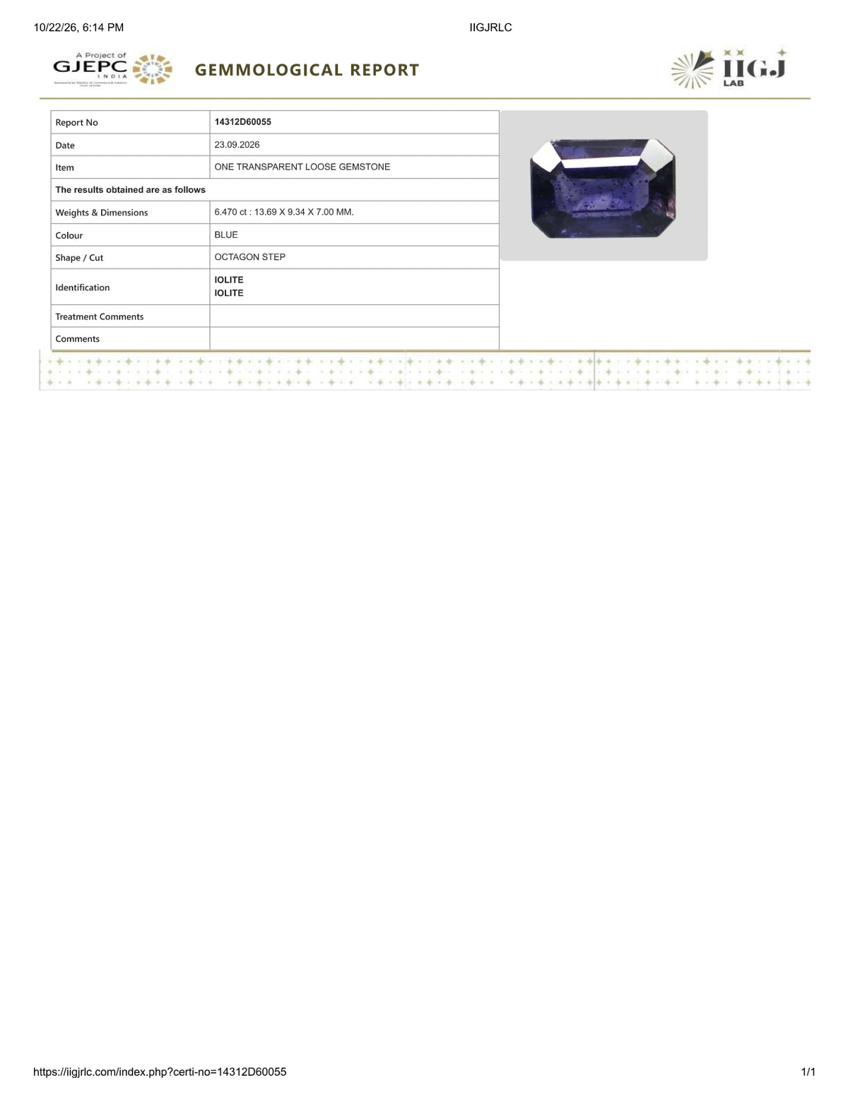 Natural Iolite(Neeli) 6.47 Carats /7.19 Ratti