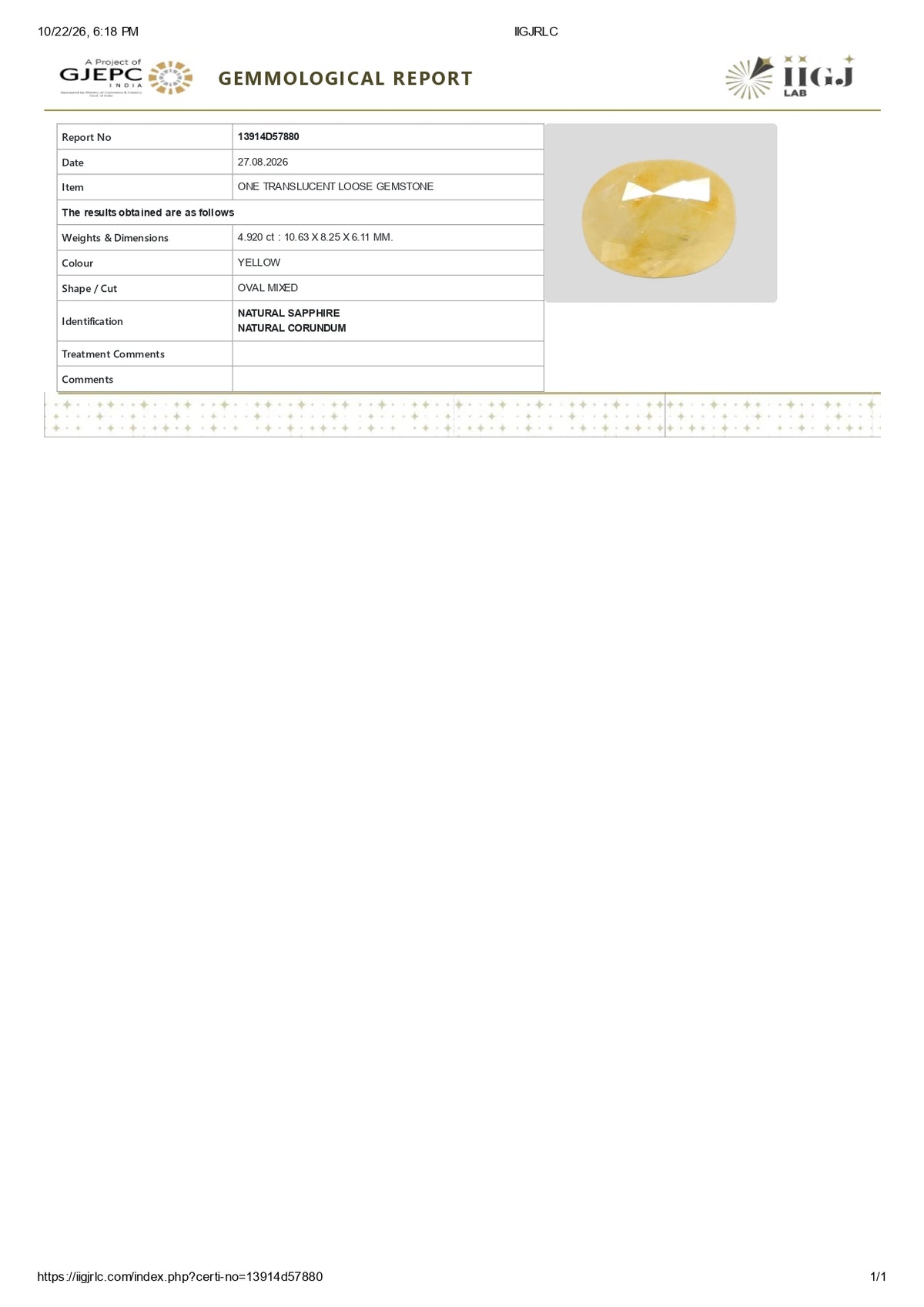 Natural Yellow Sapphire (Pukhraj) 4.92 Carats