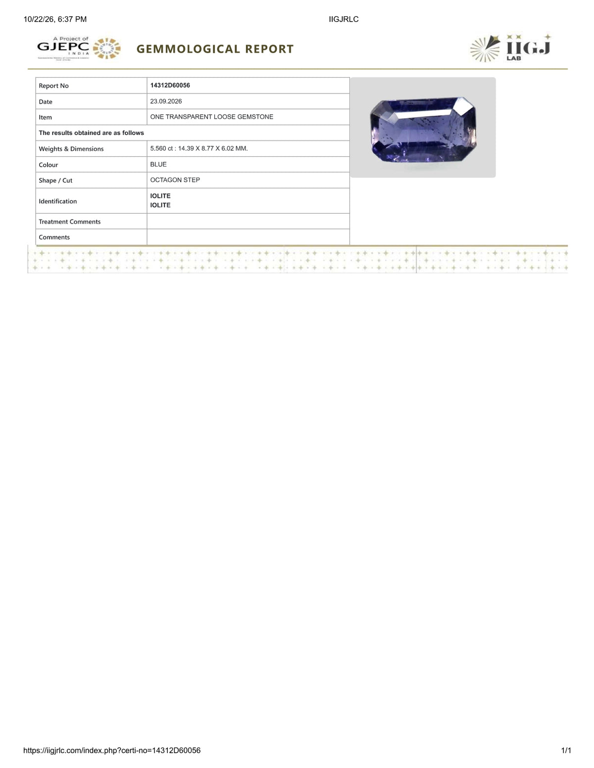 Natural Iolite(Neeli) 5.56 Carats / 6.18 Ratti
