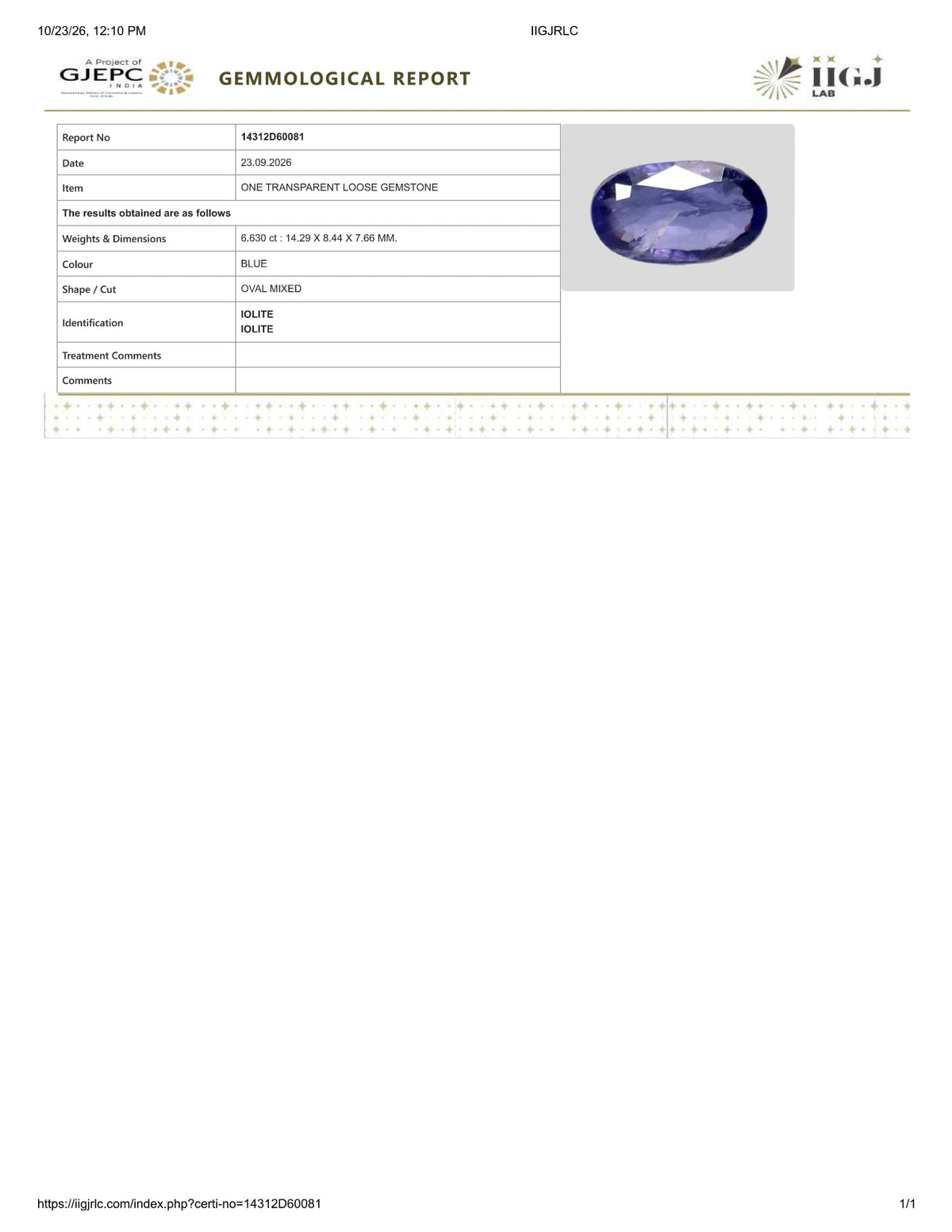 Natural Iolite(Neeli) 6.63 Carats / 7.37 Ratti