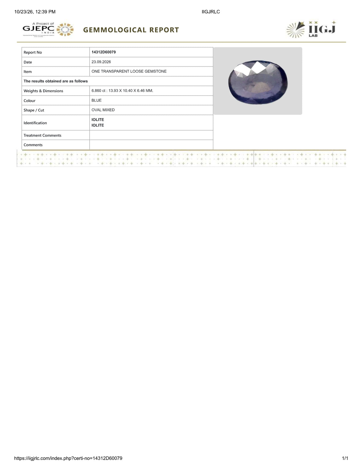 Natural Iolite(Neeli) 6.86 Carats / 7.62 Ratti