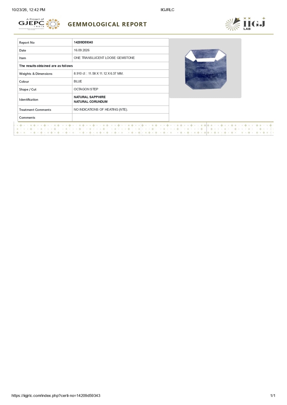 Natural Blue Sapphire 8.91 Carats